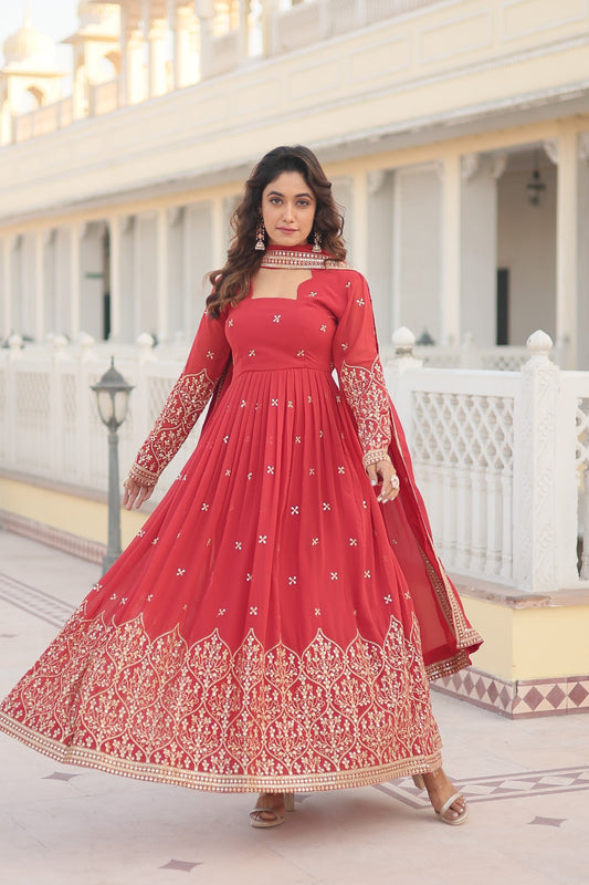 Captivating Sequins Embroidered Work Red Color Gown