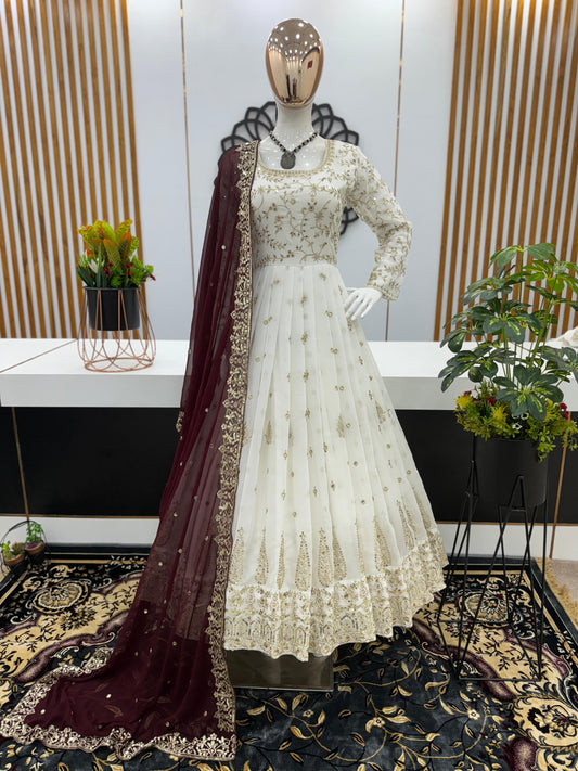 Graceful Embroidery Work White Anarkali Gown With Maroon Dupatta