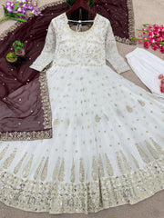 Graceful Embroidery Work White Anarkali Gown With Maroon Dupatta