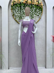 Designer Ruffle With Patch work Purple Color Ready To Wear Saree