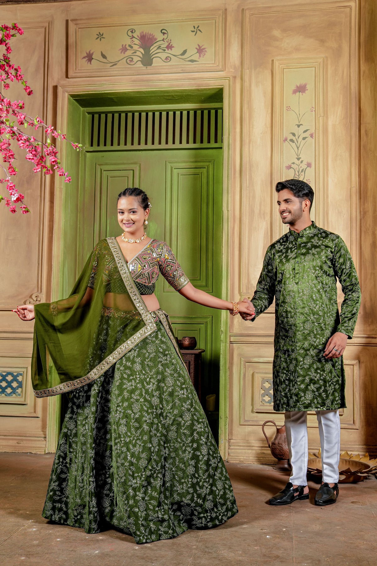 Mehndi Wear Heavy Embroidery Sequence Work Couple Combo