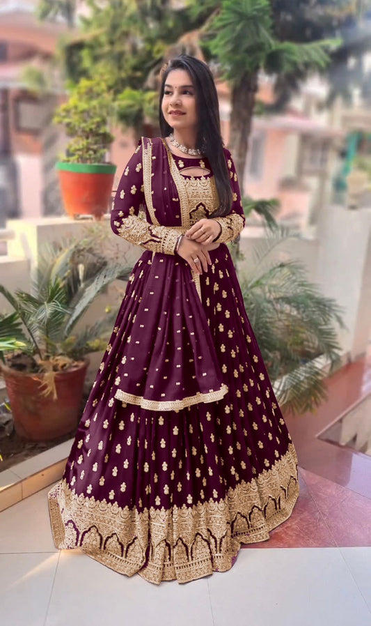 Traditional Wear  Embroidery Work Wine Color Lehenga Choli