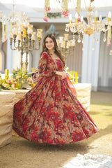 Embellished  Digital printed Red Color Anarkali Suit