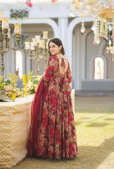 Embellished  Digital printed Red Color Anarkali Suit