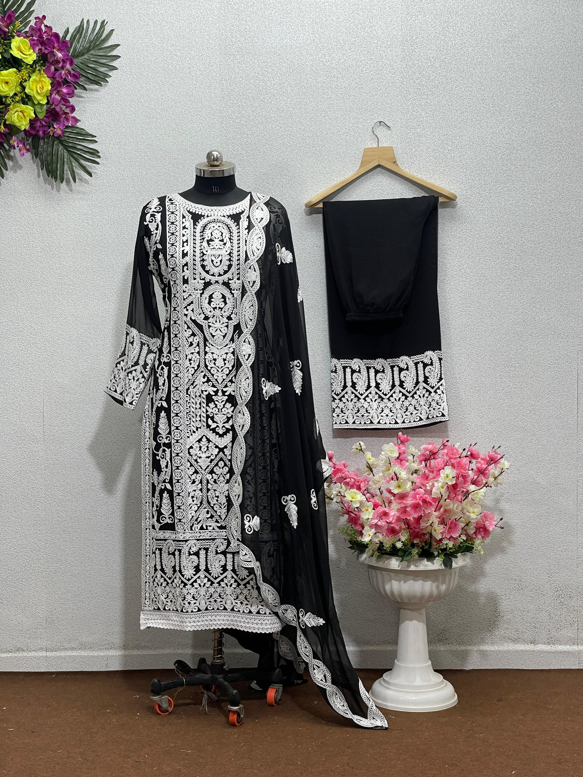 Captivating Chine Stitch Work Black Color Sahara Suit