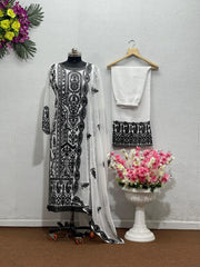 Captivating Chine Stitch Work White Color Sahara Suit