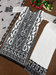 Captivating Chine Stitch Work White Color Sahara Suit