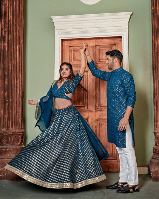 Function Wear Blue Color Heavy Embroidery Sequence Work Couple Combo