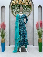 Captivating Handwork with  and Digital print Blue Color Anarkali Suit
