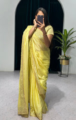 Attractive Yellow Color Sequences Embroidery Work Saree