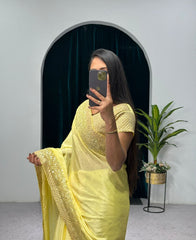 Attractive Yellow Color Sequences Embroidery Work Saree