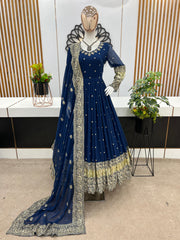 Charming Embroidery Sequence Work Blue Color Gown