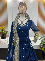 Charming Embroidery Sequence Work Blue Color Gown