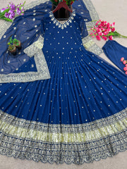 Charming Embroidery Sequence Work Blue Color Gown