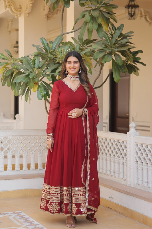 Outstanding  Sequins Embroidered Multi-Sequins work Maroon Color Gown