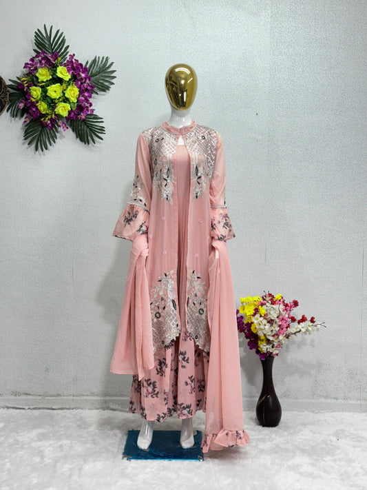 Designer  Embroidered Work With Revet Moti Peach Color Koti With Gown