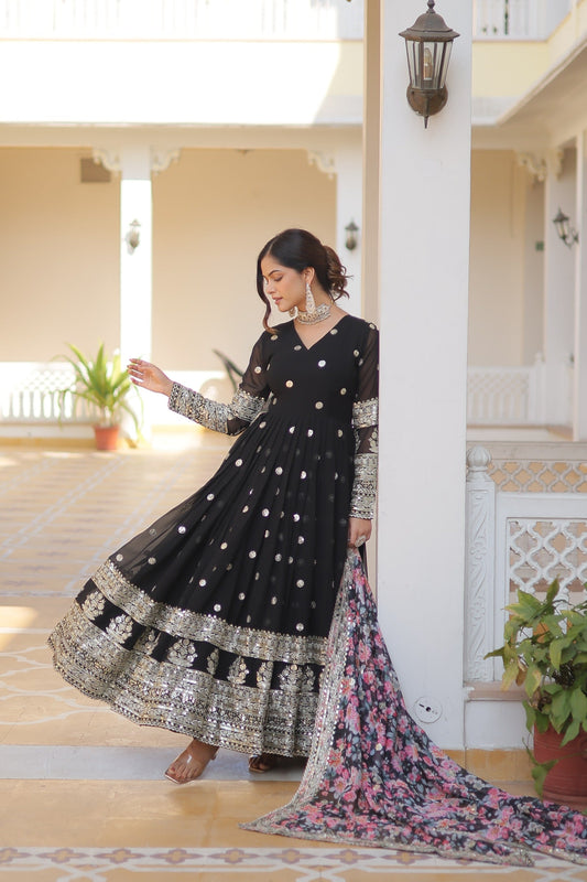 Outstanding  Embroidery Zari Sequins-work Black Color Gown