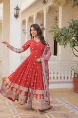 Outstanding  Embroidery Zari Sequins-work Red Color Gown