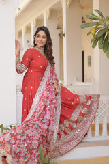 Outstanding  Embroidery Zari Sequins-work Red Color Gown