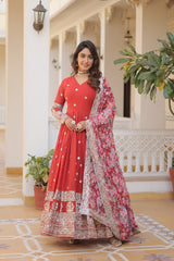 Outstanding  Embroidery Zari Sequins-work Red Color Gown