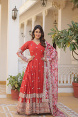 Outstanding  Embroidery Zari Sequins-work Red Color Gown