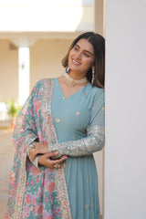 Outstanding  Embroidery Zari Sequins-work Sky Blue Color Gown