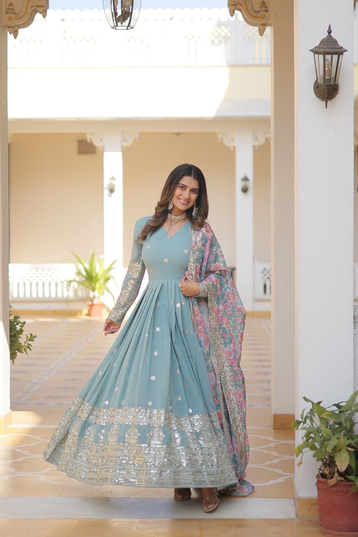 Outstanding  Embroidery Zari Sequins-work Sky Blue Color Gown