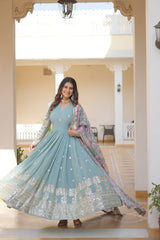 Outstanding  Embroidery Zari Sequins-work Sky Blue Color Gown