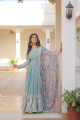 Outstanding  Embroidery Zari Sequins-work Sky Blue Color Gown