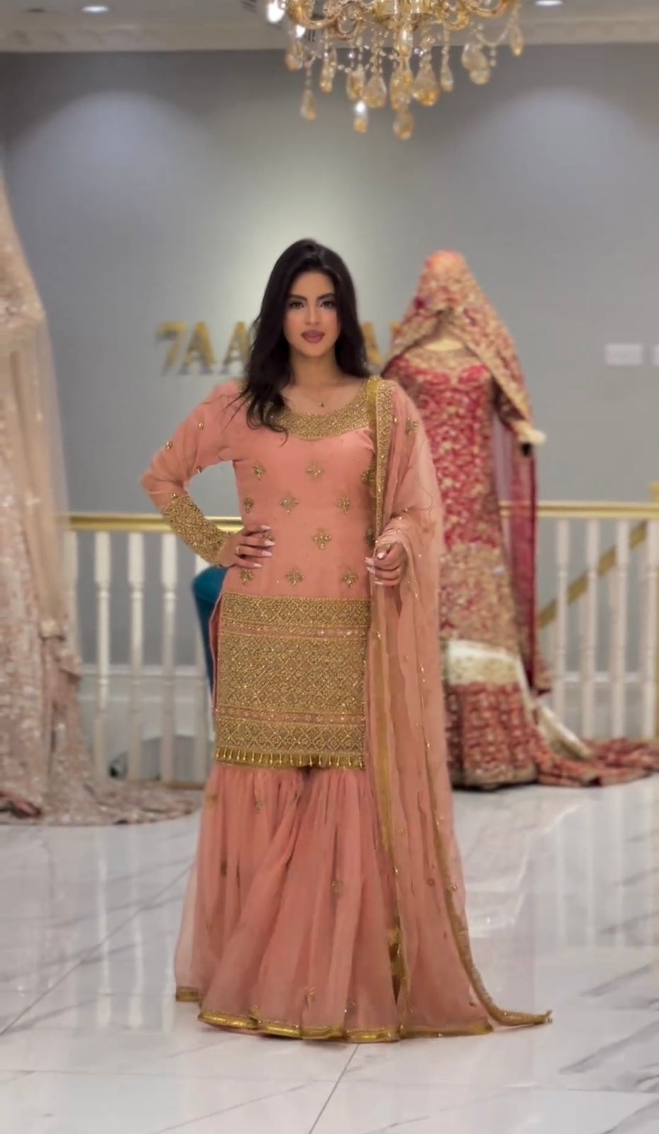 Captivating  Peach Color Embroidery Sequence Work Sharara Suit