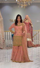 Captivating  Peach Color Embroidery Sequence Work Sharara Suit