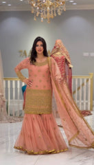 Captivating  Peach Color Embroidery Sequence Work Sharara Suit