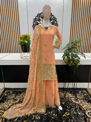 Captivating  Peach Color Embroidery Sequence Work Sharara Suit