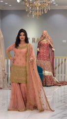 Captivating  Peach Color Embroidery Sequence Work Sharara Suit