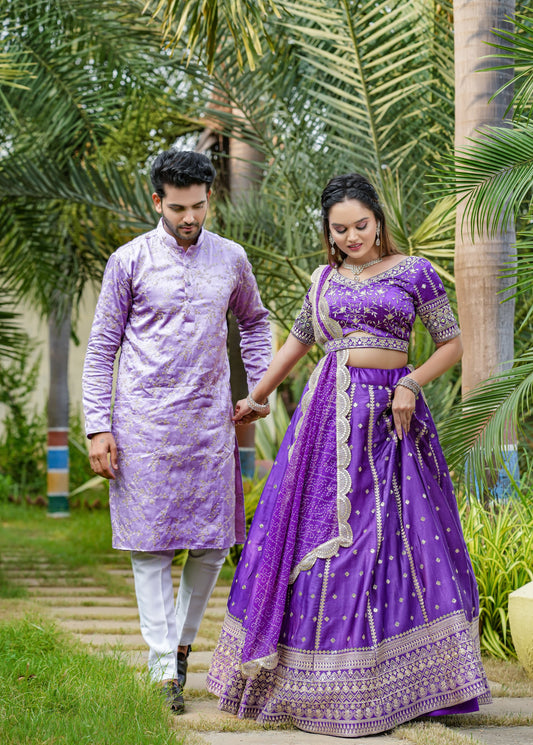 Charming  Embroidery Sequence +Zari  Work Purple Color Couple Combo