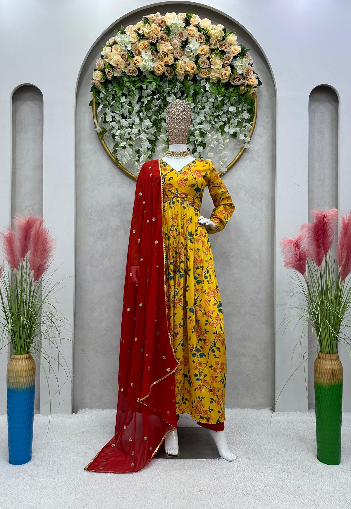 Demanding Yellow Color Digital Print Aliacut Long Gown