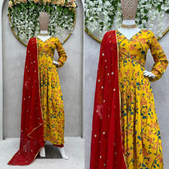 Demanding Yellow Color Digital Print Aliacut Long Gown