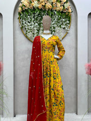 Demanding Yellow Color Digital Print Aliacut Long Gown