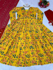 Demanding Yellow Color Digital Print Aliacut Long Gown