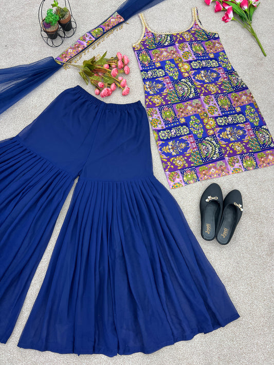 Ravishing Digital Print And Real Mirror Blue Color Sharara Suit