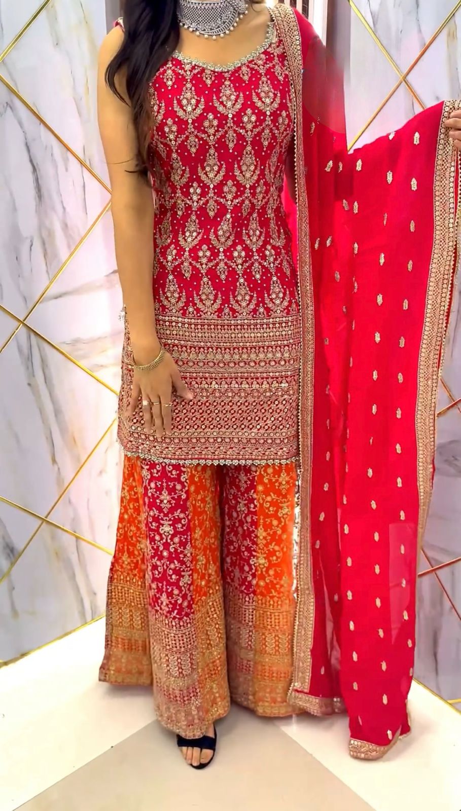 Innovative Pink And Orange Color Heavy Embroidery With Sequins Work  Sharara suit