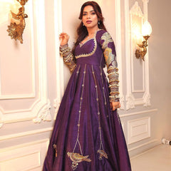 Wonderful Embroidery Zari Blue Color Long Gown