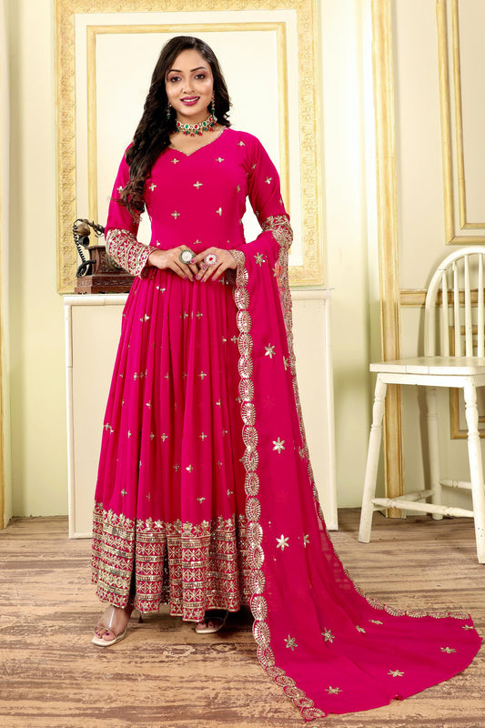 Imposing  Embroidery Sequence Work Pink Color Gown