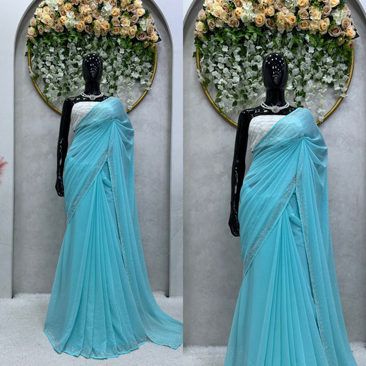 Luxuriant Hot Fix Work Sky Blue Color Saree