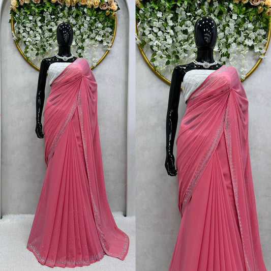 Luxuriant Hot Fix Work Peach Color Saree