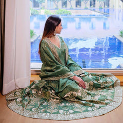 Presenting  Embroidery Sequence Work Green Color Long Gown