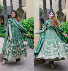 Presenting  Embroidery Sequence Work Green Color Long Gown