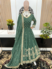 Presenting  Embroidery Sequence Work Green Color Long Gown