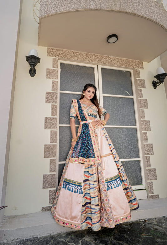 Fashionable Embroidery Sequence Peach With Rama Lehenga Choli