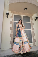 Fashionable Embroidery Sequence Peach With Rama Lehenga Choli